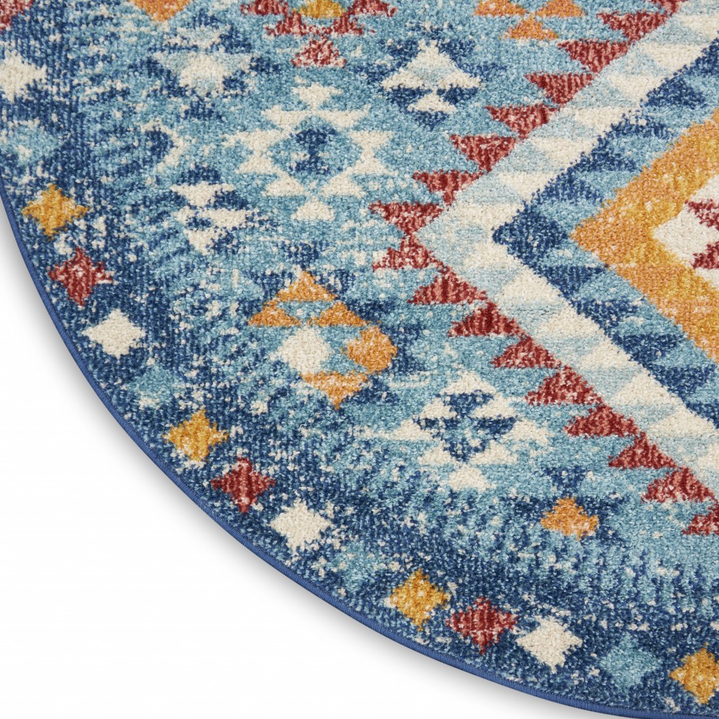 5?Round Blue and Multi Diamonds Area Rug - Image 5