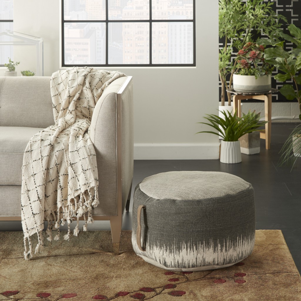 20" Dark Grey Abstract Round Pouf Ottoman - Image 2