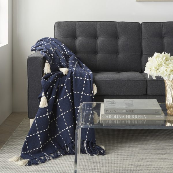 Navy and White Stitched Square Pattern Cotton Throw Blanket - Image 2