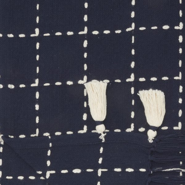 Navy and White Stitched Square Pattern Cotton Throw Blanket - Image 3
