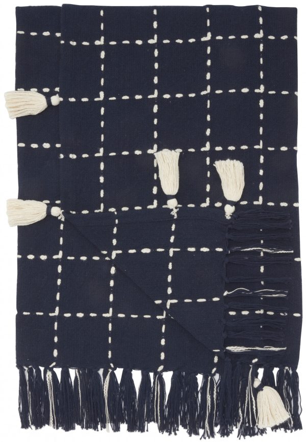Navy and White Stitched Square Pattern Cotton Throw Blanket - Image 4