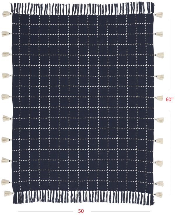 Navy and White Stitched Square Pattern Cotton Throw Blanket - Image 5