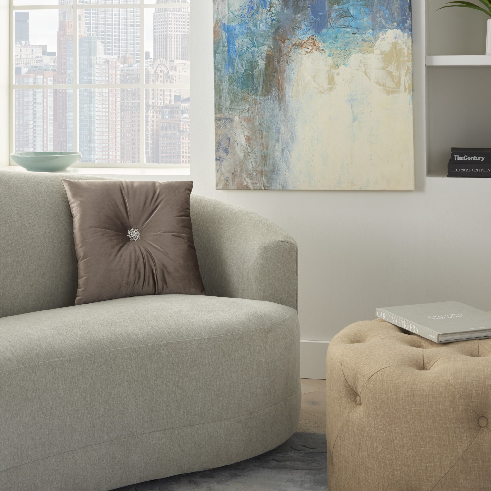 Light Brown Center Beaded Tuft Throw Pillow - Image 3