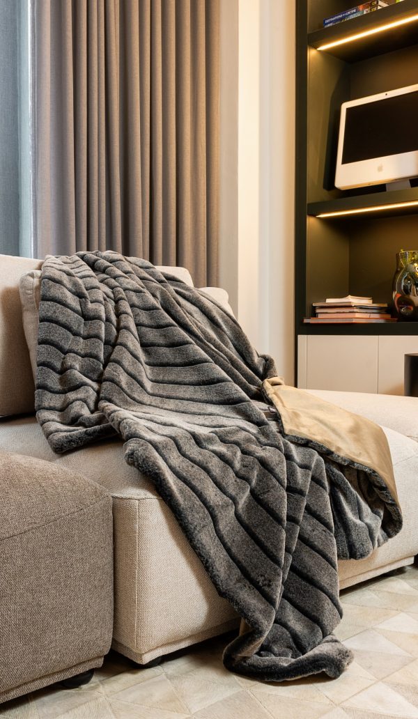 Premier Luxury Gray Stripe Faux Fur Throw Blanket