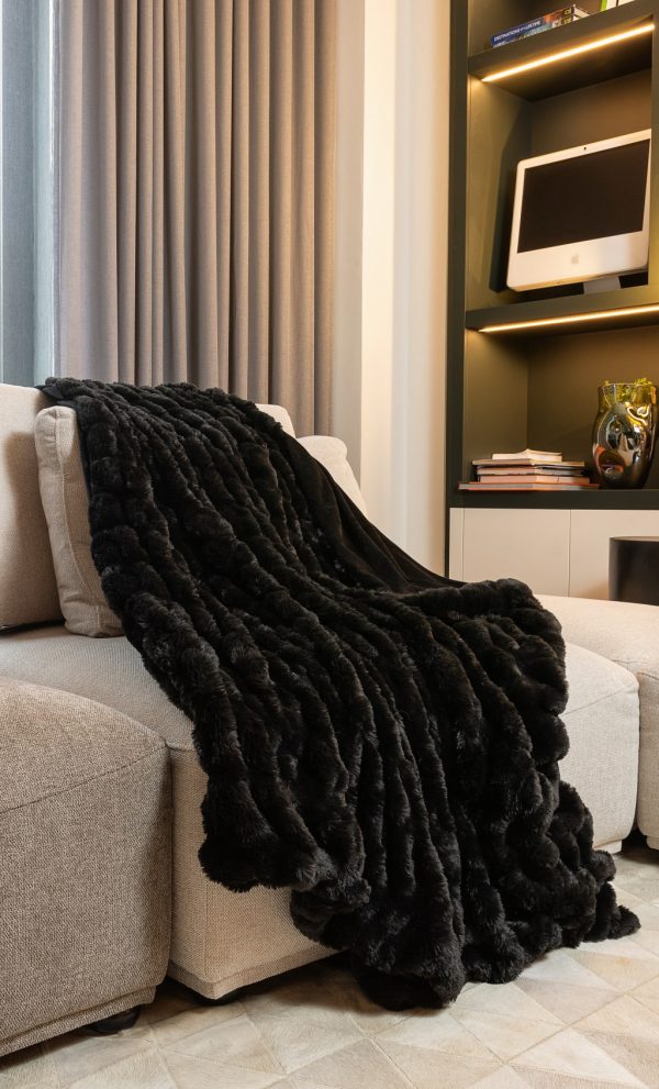 Chunky Sectioned Black Faux Fur Throw Blanket - Image 2