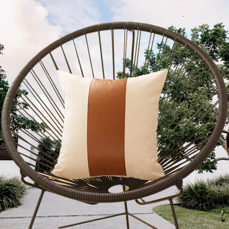 White and Brown Faux Leather Square Pillow Cover - Image 3