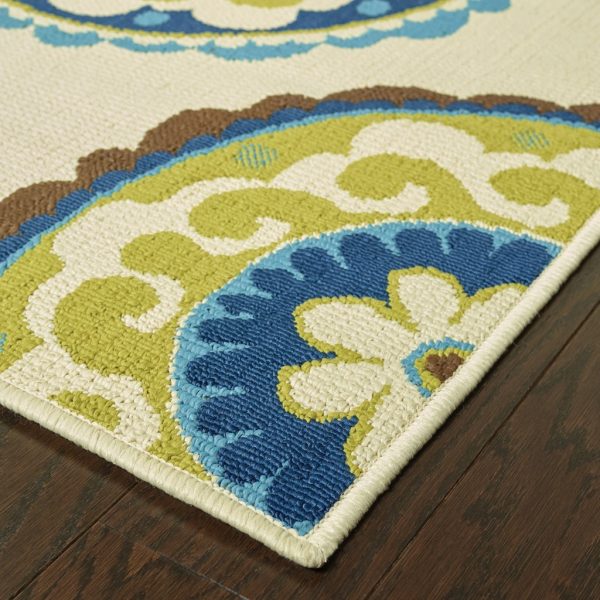 7' x 10' Ivory Indigo and Lime Medallion Disc Indoor Outdoor Area Rug - Image 2