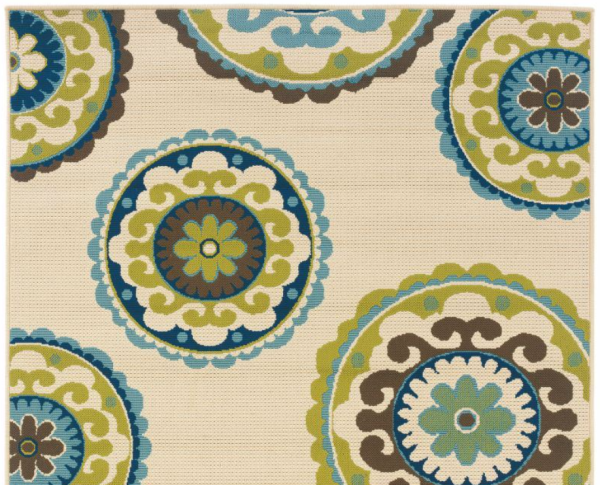 7' x 10' Ivory Indigo and Lime Medallion Disc Indoor Outdoor Area Rug - Image 4