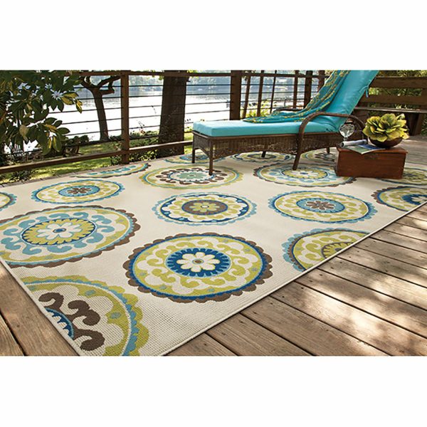 7' x 10' Ivory Indigo and Lime Medallion Disc Indoor Outdoor Area Rug - Image 5