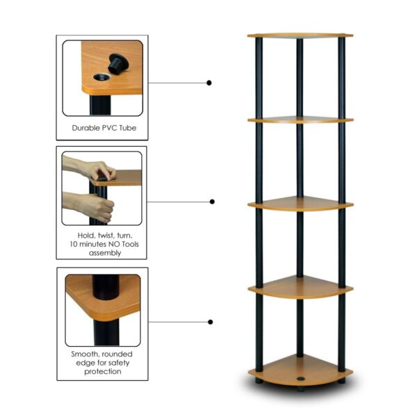 5-Tier Corner Display Shelf Bookcase in Light Cherry & Black - Image 3