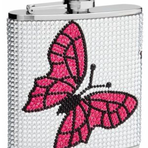 Genuine Rhinestones Hip Flask Holding 6 oz - Butterfly Design - Pocket Size, Stainless Steel, Rustproof, Screw-On Cap - White and Pink Finish