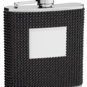Hip Flask Holding 6 oz - Beaded Rhinestone Design - Pocket Size, Stainless Steel, Rustproof, Screw-On Cap