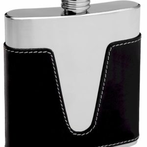 Leather Hip Flask Holding 6 oz - V Cutout Design - Pocket Size, Stainless Steel, Rustproof, Screw-On Cap - Black Finish Perfect for Engraving