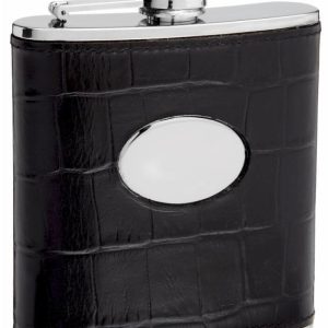 Leather Hip Flask Holding 6 oz - Eel Skin Pattern Design - Pocket Size, Stainless Steel, Rustproof, Screw-On Cap - Black Gift Box Included