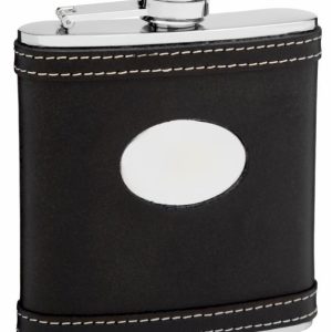 Leather Hip Flask Holding 6 oz - White Accent Stitching Design - Pocket Size, Stainless Steel, Rustproof, Screw-On Cap - Black Gift Box Included