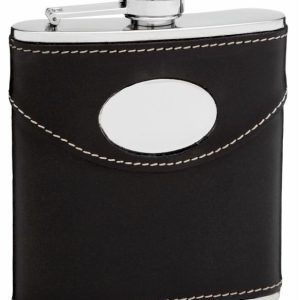 Leather Hip Flask Holding 6 oz - Pocket Size, Stainless Steel, Rustproof, Screw-On Cap - Black Finish Perfect for Engraving