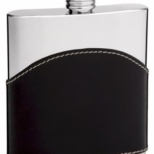 Genuine Leather Hip Flask Holding 6 oz - Pocket Size, Stainless Steel, Rustproof, Screw-On Cap - Black Finish Perfect for Engraving
