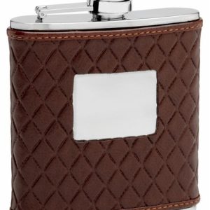 Leather Hip Flask Holding 6 oz - Quilted Pattern Design - Pocket Size, Stainless Steel, Rustproof, Screw-On Cap