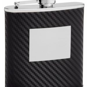 Faux Carbon Fiber Hip Flask Holding 6 oz - Pocket Size, Stainless Steel, Rustproof, Screw-On Cap - Black Finish Perfect for Engraving