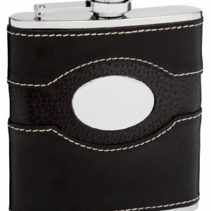 Genuine Black Leather Hip Flask Holding 6 oz - Pocket Size, Stainless Steel, Rustproof, Screw-On Cap