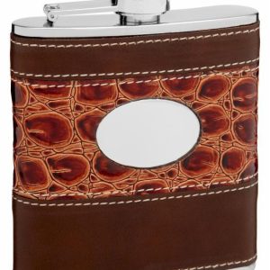 Hip Flask Holding 6 oz - Faux Leather and Faux Alligator Skin Design - Pocket Size, Stainless Steel, Rustproof, Screw-On Cap