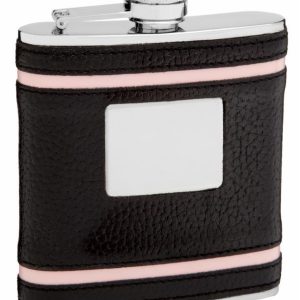 Faux Leather Hip Flask Holding 6 oz - Pink Accent Lines Design - Pocket Size, Stainless Steel, Rustproof, Screw-On Cap