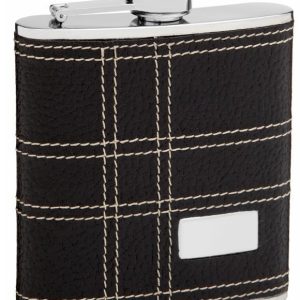 Faux Leather Hip Flask Holding 6 oz - Embossed Design - Pocket Size, Stainless Steel, Rustproof, Screw-On Cap