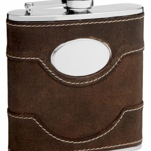 Cow Leather Hip Flask Holding 6 oz - Pocket Size, Stainless Steel, Rustproof, Screw-On Cap - Black Gift Box Included