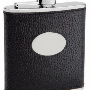 Textured Cow Hide Leather Hip Flask Holding 6 oz - Pocket Size, Stainless Steel, Rustproof, Screw-On Cap - Black Finish Perfect for Engraving