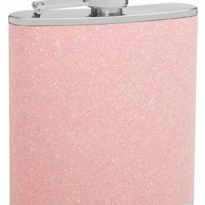 Glitter Hip Flask Holding 6 oz - Sparkles In The Light Design - Pocket Size, Stainless Steel, Rustproof, Screw-On Cap - Pink Finish