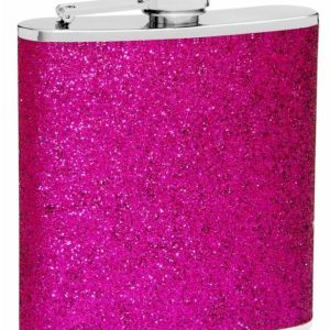 Hip Flask Holding 6 oz - Sparkly Glitter Design - Pocket Size, Stainless Steel, Rustproof, Screw-On Cap - Purple Finish - Black Gift Box Included