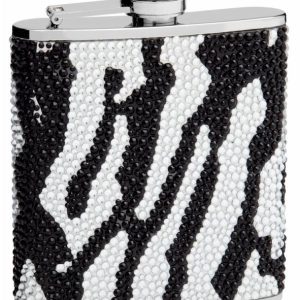 Rhinestone Hip Flask Holding 6 oz - Zebra Pattern Design - Pocket Size, Stainless Steel, Rustproof, Screw-On Cap - Black and White Finish