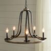 Rustic 5 Light Dimmable Farm Home Circle Metal Chandelier Oak Finish - Image 2