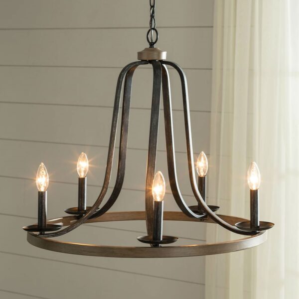 Rustic 5 Light Dimmable Farm Home Circle Metal Chandelier Oak Finish - Image 2