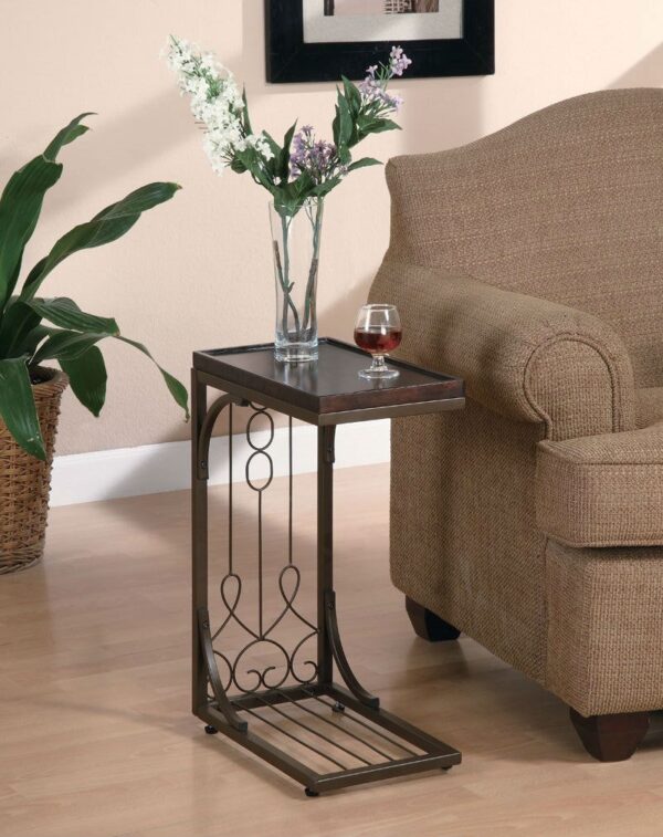 Brown Scroll Design Side Sofa Tray Snack Table w/ Copper Base - Image 2