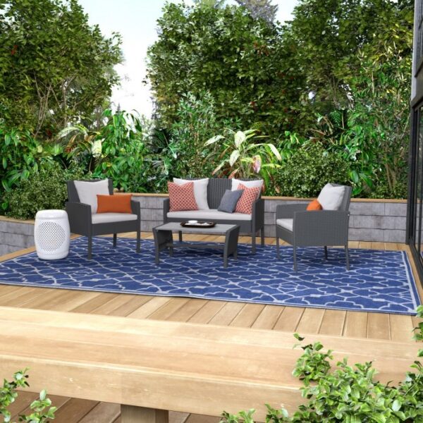 Modern 4-Piece Outdoor Grey Resin Wicker Patio Furniture Set with Cushions - Image 2