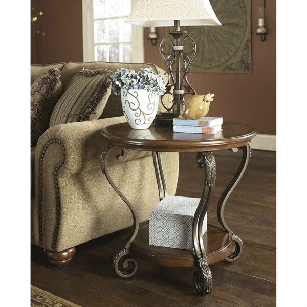 Accent End Table Nightstand in Brown Wood with Scrolling Metal Legs - Image 2