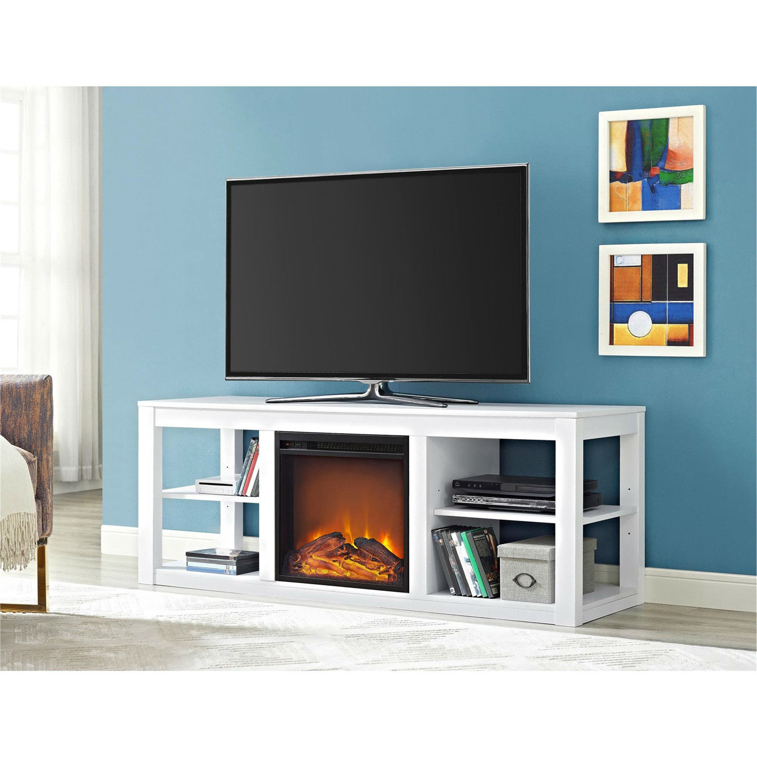 Modern 2-in-1 Electric Fireplace TV Stand in White - Image 3