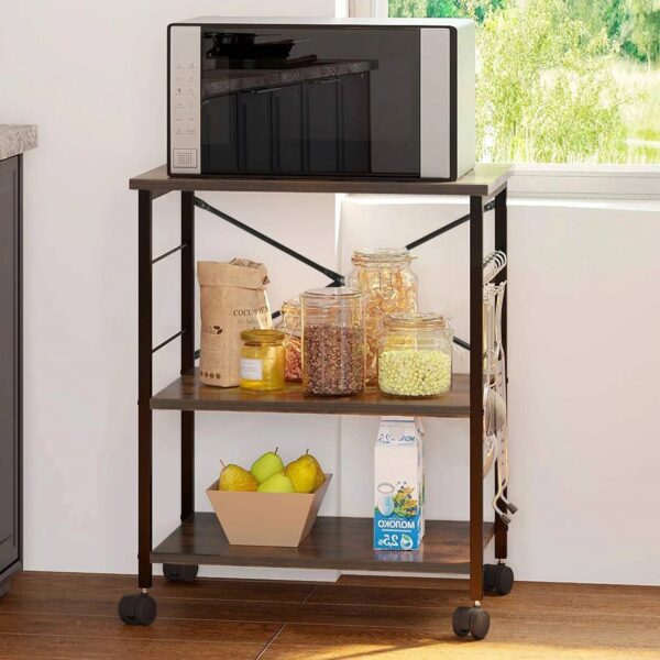 Industrial 3-Shelf Metal Wood Rustic Brown Baker's Rack Kitchen Microwave Cart - Image 2