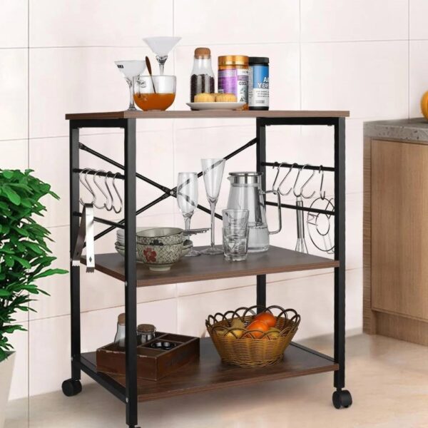 Industrial 3-Shelf Metal Wood Rustic Brown Baker's Rack Kitchen Microwave Cart - Image 3
