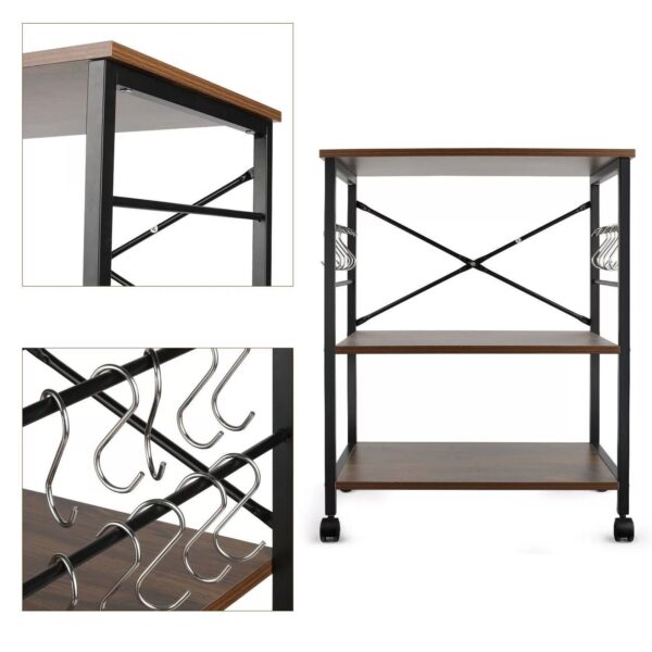 Industrial 3-Shelf Metal Wood Rustic Brown Baker's Rack Kitchen Microwave Cart - Image 4
