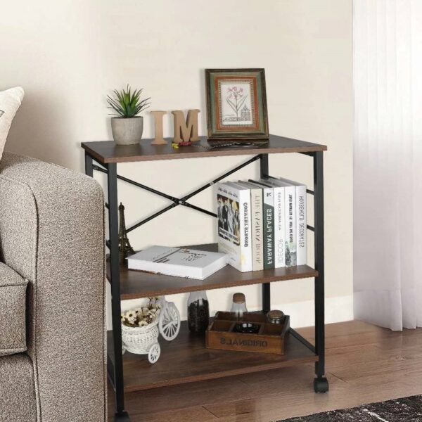 Industrial 3-Shelf Metal Wood Rustic Brown Baker's Rack Kitchen Microwave Cart - Image 5