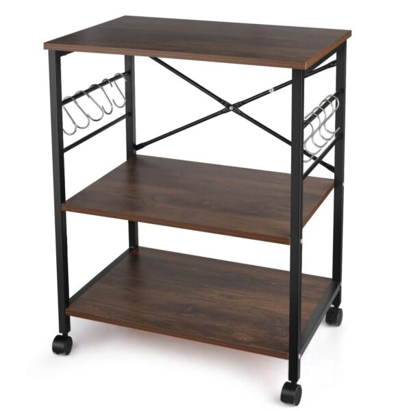 Modern Industrial Black Metal Brown Wood Kitchen Baker's Rack Microwave Cart - Image 2