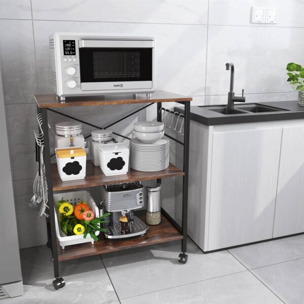 Modern Industrial Black Metal Brown Wood Kitchen Baker's Rack Microwave Cart - Image 3