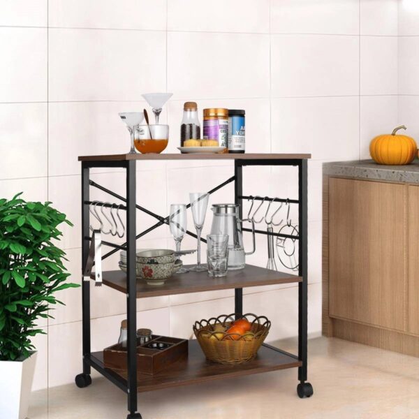 Modern Industrial Black Metal Brown Wood Kitchen Baker's Rack Microwave Cart - Image 4