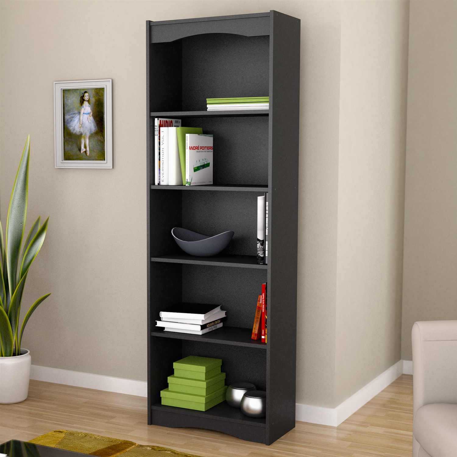 Contemporary Black Bookcase with 5 Shelves and Curved Accents - Image 2