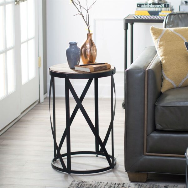 Modern Industrial Drum Style Steel Side Table with Wood Top - Image 2
