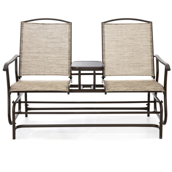 Brown 2-Seater Outdoor Mesh Double Glider Tempered Glass Attached Center Table - Image 2