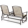 Brown 2-Seater Outdoor Mesh Double Glider Tempered Glass Attached Center Table - Image 3