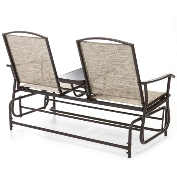Brown 2-Seater Outdoor Mesh Double Glider Tempered Glass Attached Center Table - Image 3